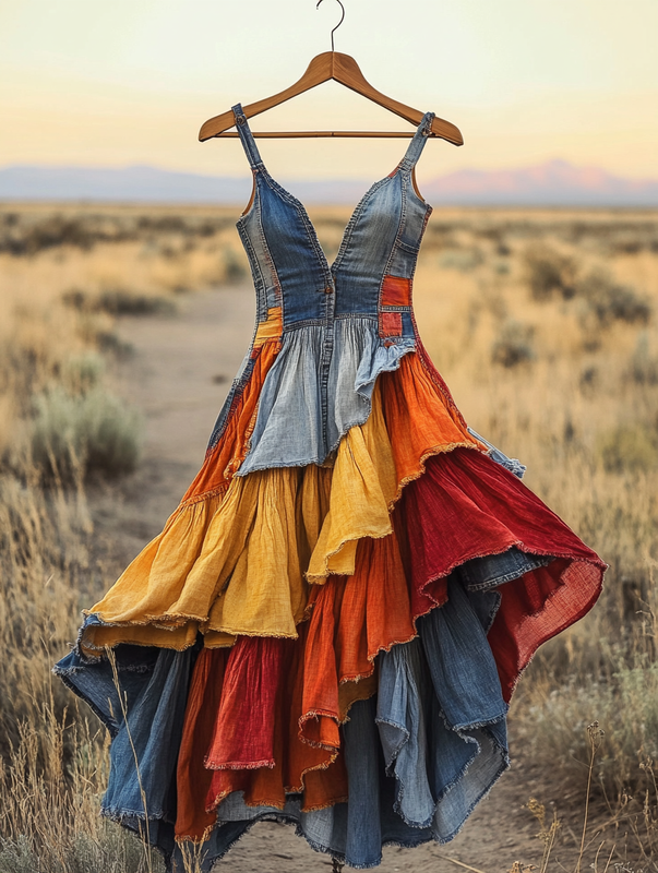 Summer Handmade Lace Denim Patchwork Dress caf4
