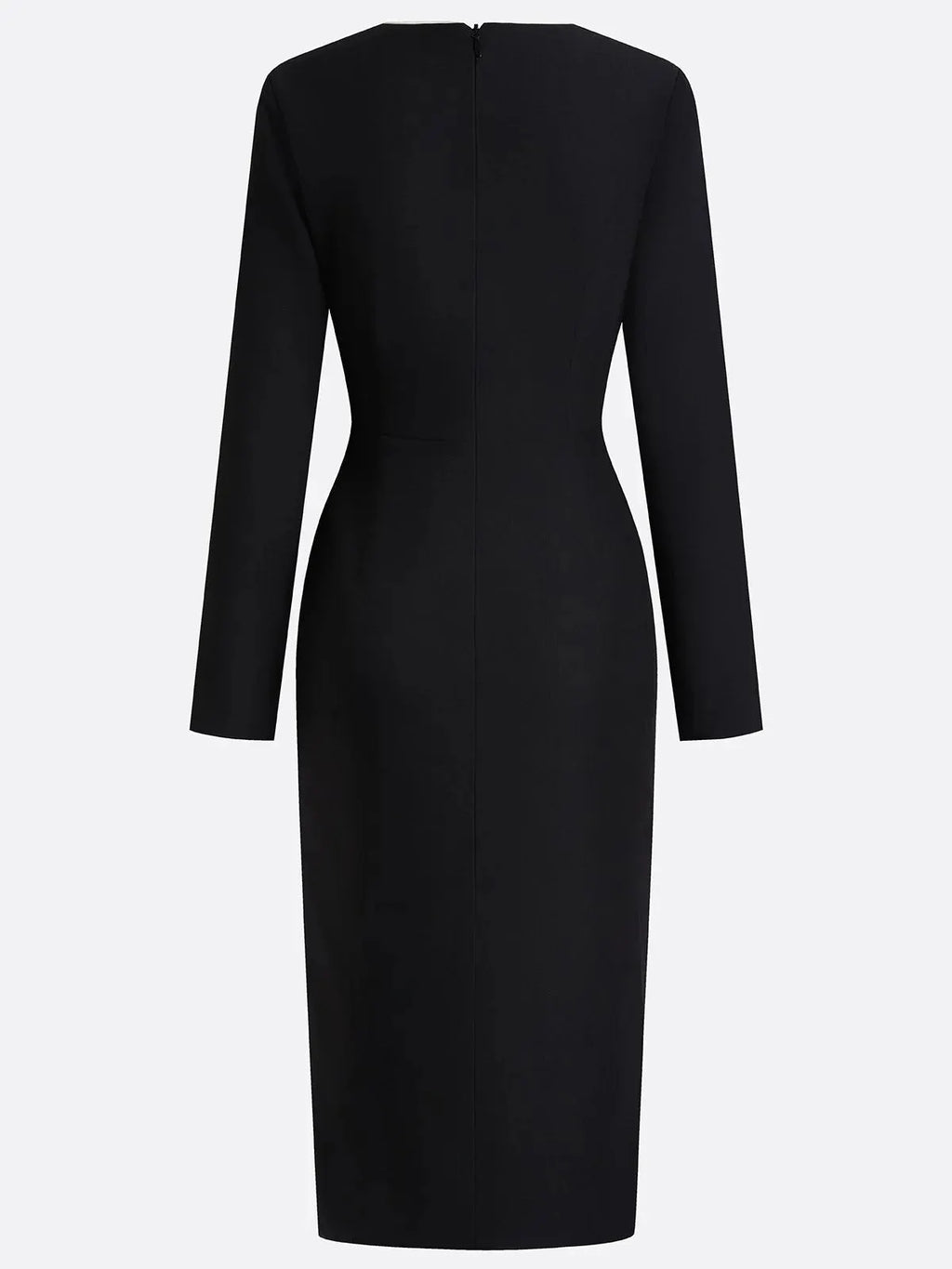 Black Piping Bow Classic V Neck Long Sleeve Sheath Midi Dress