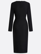 Black Piping Bow Classic V Neck Long Sleeve Sheath Midi Dress