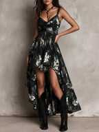 Boho Floral Print High-Low Ruffled Midi Dress