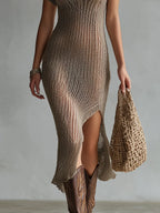 Boho Hollow Knitted Single Side Slit Midi Dress
