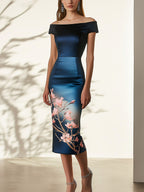 Modern Gradient Blue Satin Dress with Pink Floral Print
