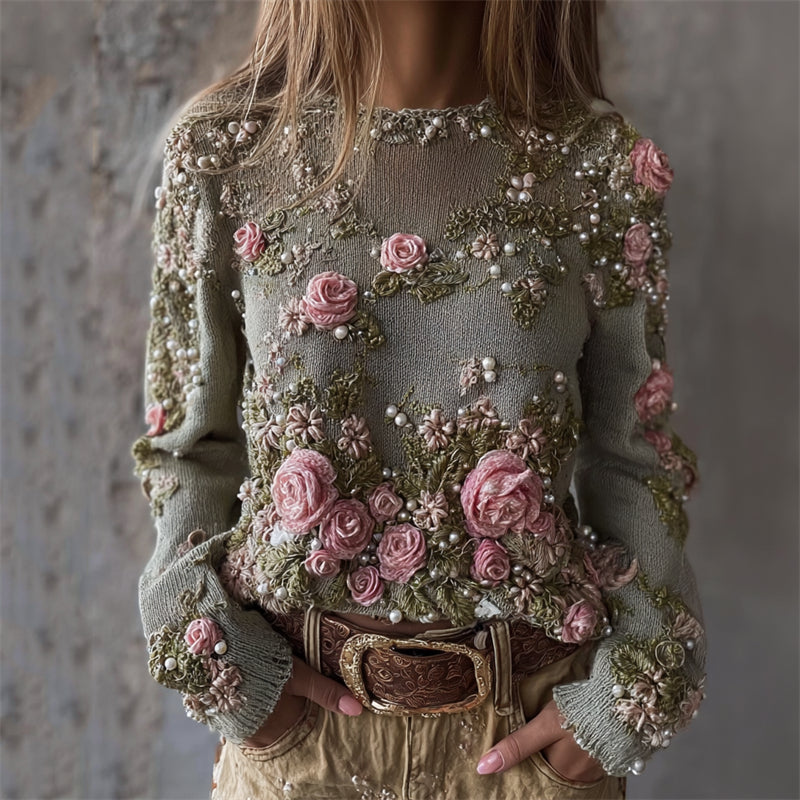 Vintage Pink Roses Pearls Embroidered Cozy Knit Sweater
