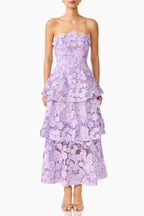 Strapless 3D Floral Tiered Midi Dress