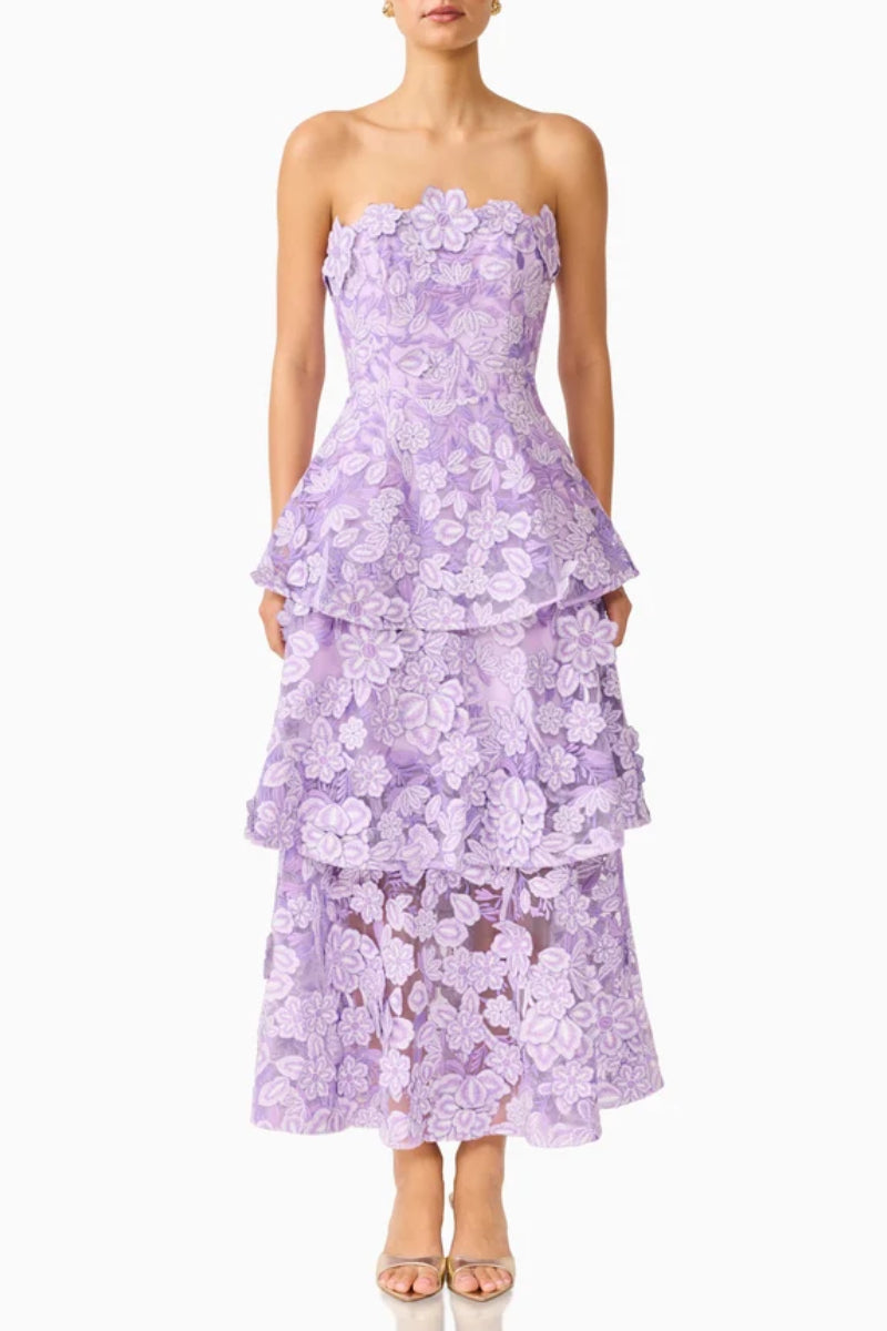 Strapless 3D Floral Tiered Midi Dress