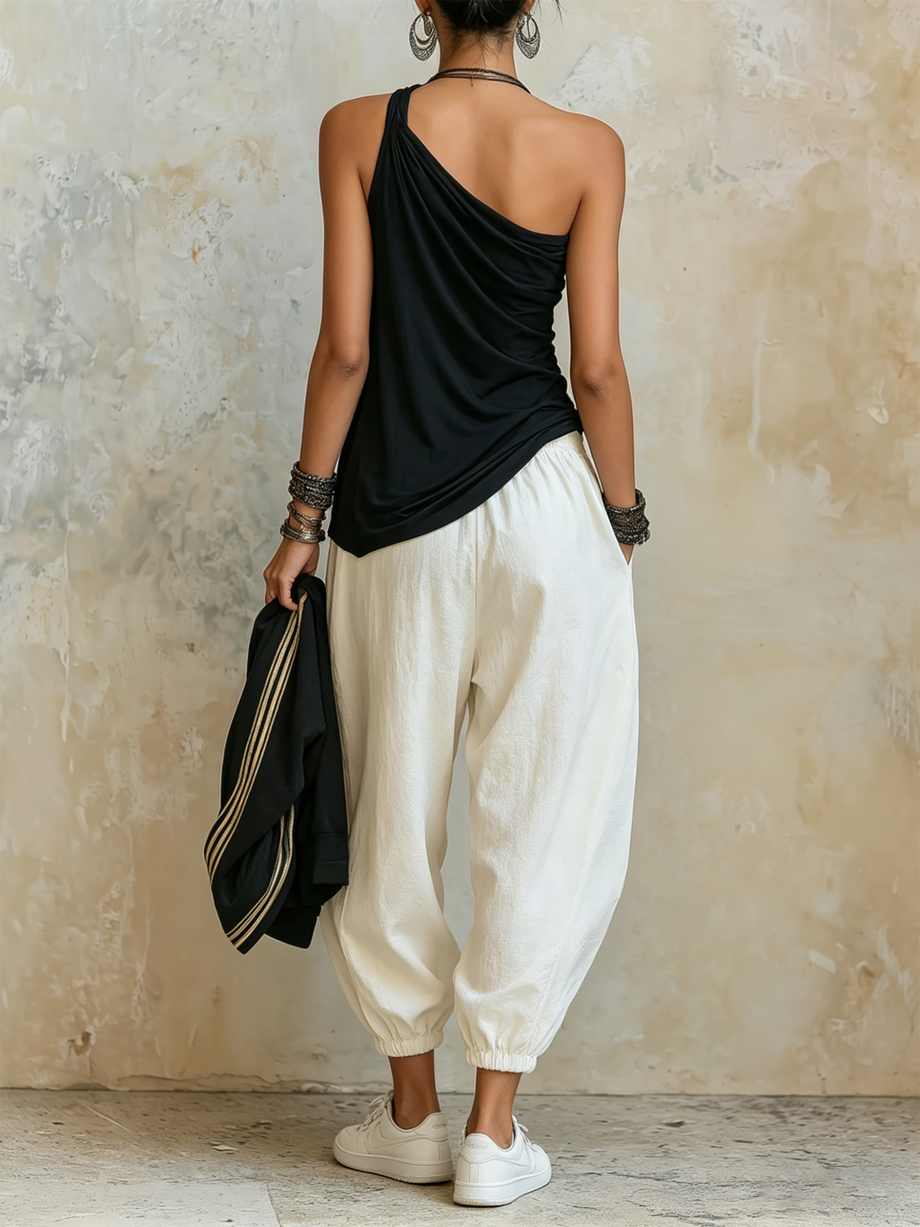Asymmetrical Ruched One-Shoulder Top & Harem Pants Two-Piece Set