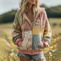 Women's Vintage Floral Patchwork Cozy Knit Hooded Zipper Sweater