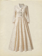 Linen Maxi Dress, Long Sleeves, V Neck, Botton Down, Floral, Apricot