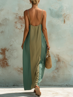 Color Block Denim Cami Maxi Dress In Sage & Olive