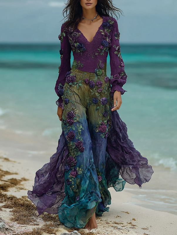 Seaside lace embroidered retro top + pants set 0c9c