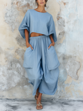 Light Blue Cotton Linen Two Piece Set - Loose Crop Top & Wide Leg Pants
