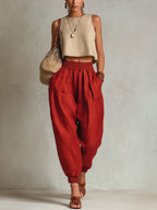Beige Crop Top And Red High-Waisted Harem Pants Set