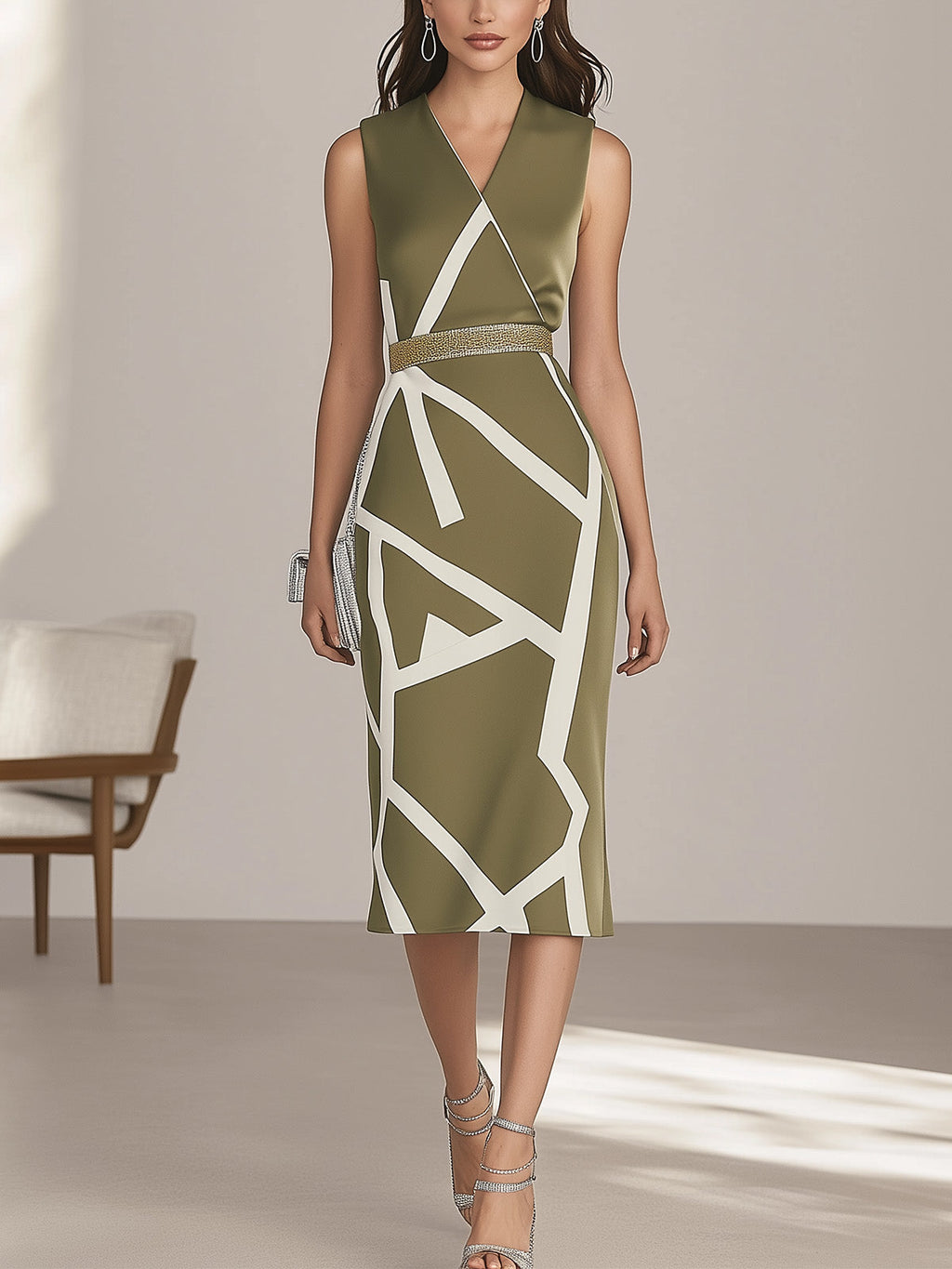 Olive Green Satin Dress With White Geometric Print And Gold Belt