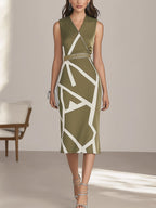 Olive Green Satin Dress With White Geometric Print And Gold Belt