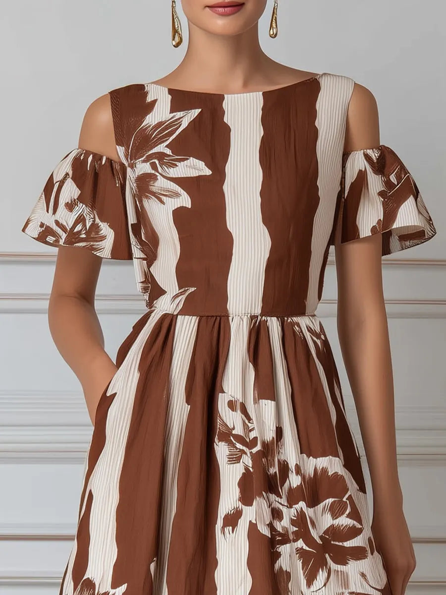 Earthy Striped Floral Print Cold-Shoulder Maxi Dress