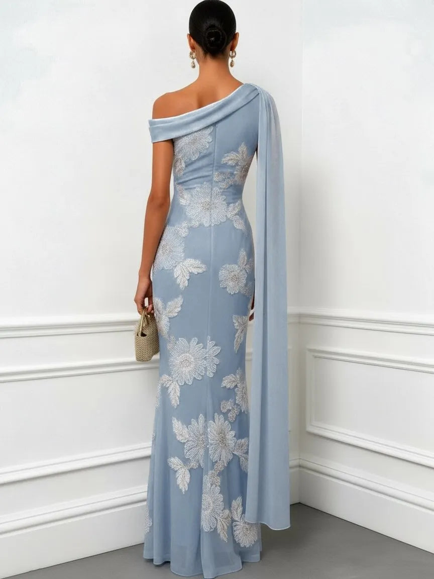 Light Blue 3D Floral Classic One Shoulder Sleeveless Mermaid Floor-length Gown Dress