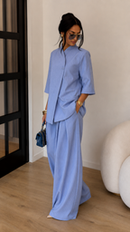 Stand Collar Blazer & Wide-Leg Pants Two-Piece