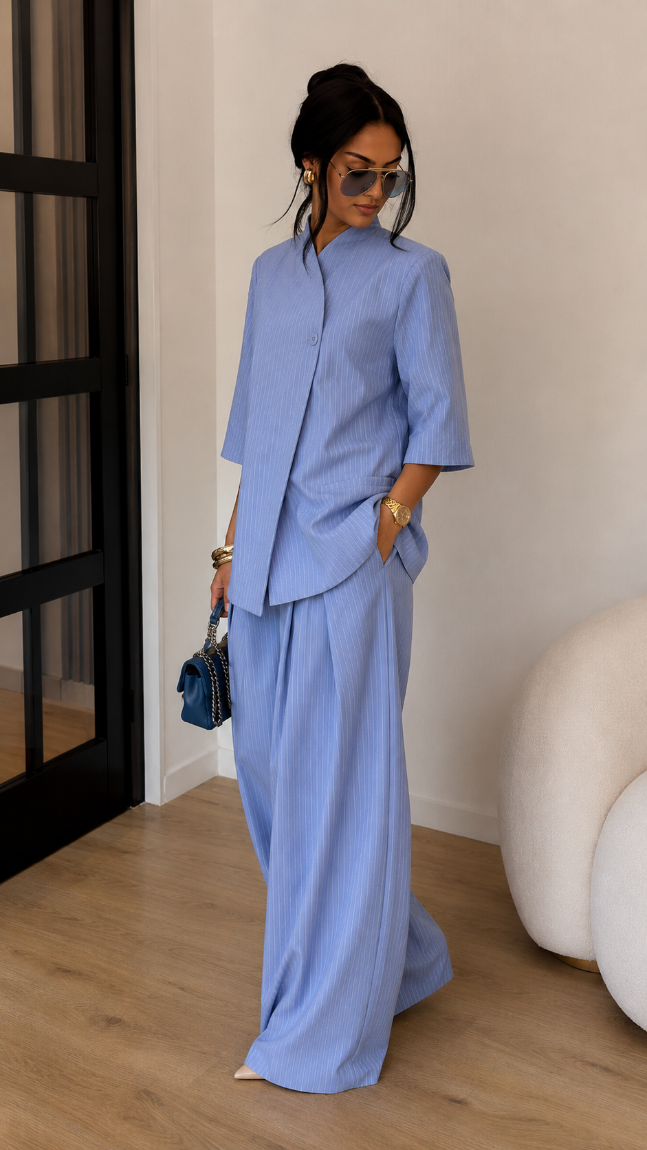 Stand Collar Blazer & Wide-Leg Pants Two-Piece