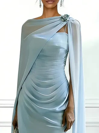 Light Blue 3D Floral Chiffon Boat Neck Cap Sleeve Sheath Gown Dress