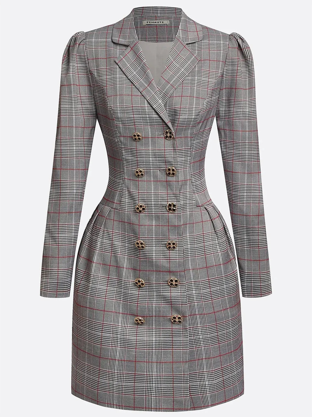 Gray Buckle Shoulder Pad Blazer Lapel Collar Long Sleeve A-Line Mini Dress