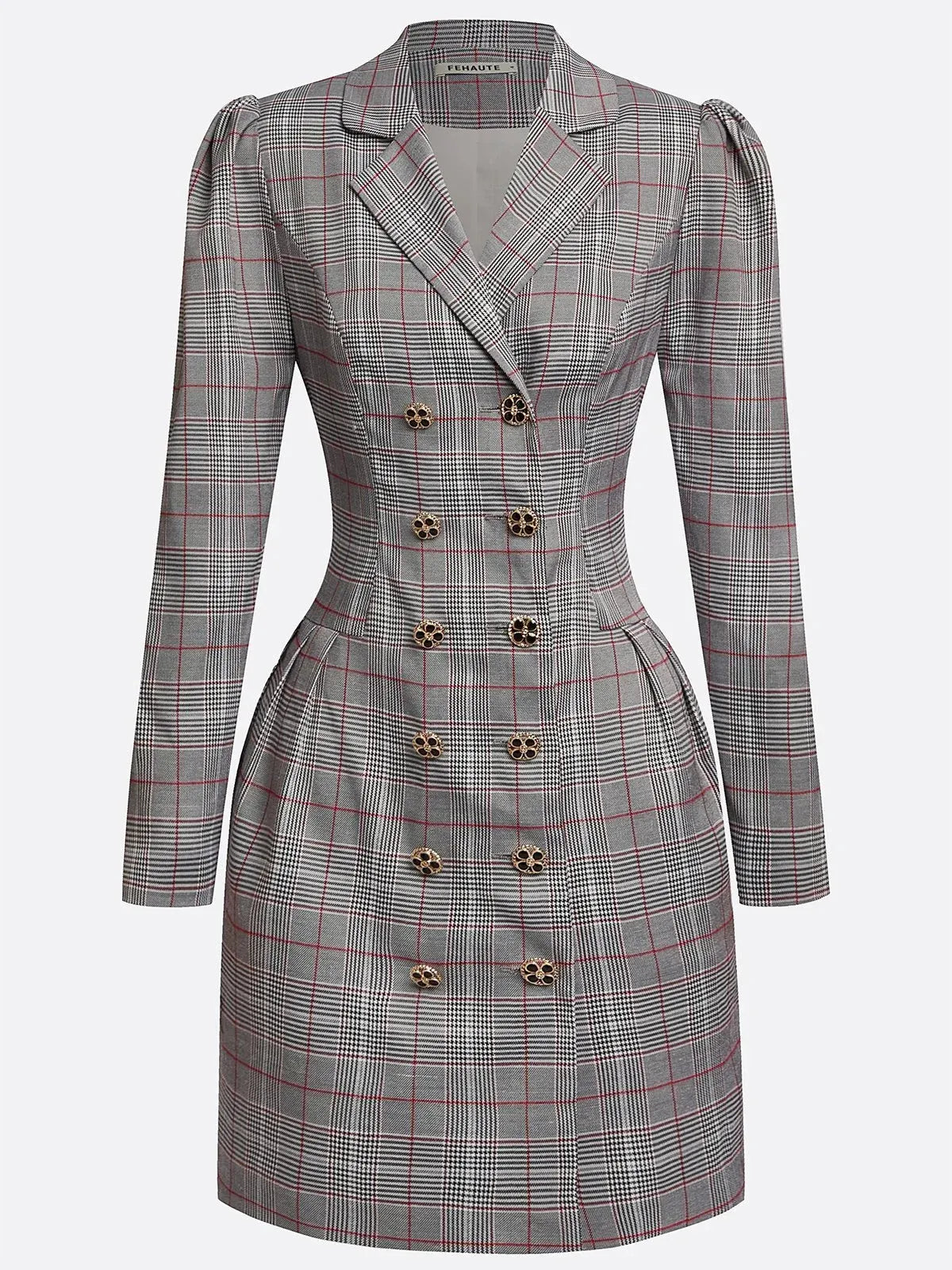 Gray Buckle Shoulder Pad Blazer Lapel Collar Long Sleeve A-Line Mini Dress