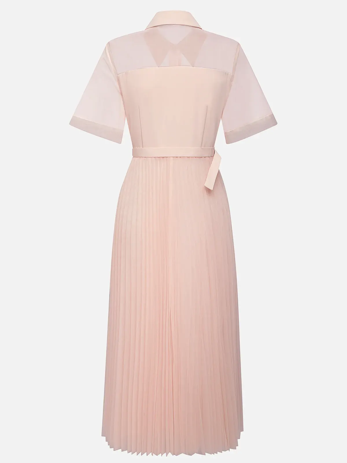 Pink Pleated Classic Shirt Collar Short Sleeve A-Line Midi Dress
