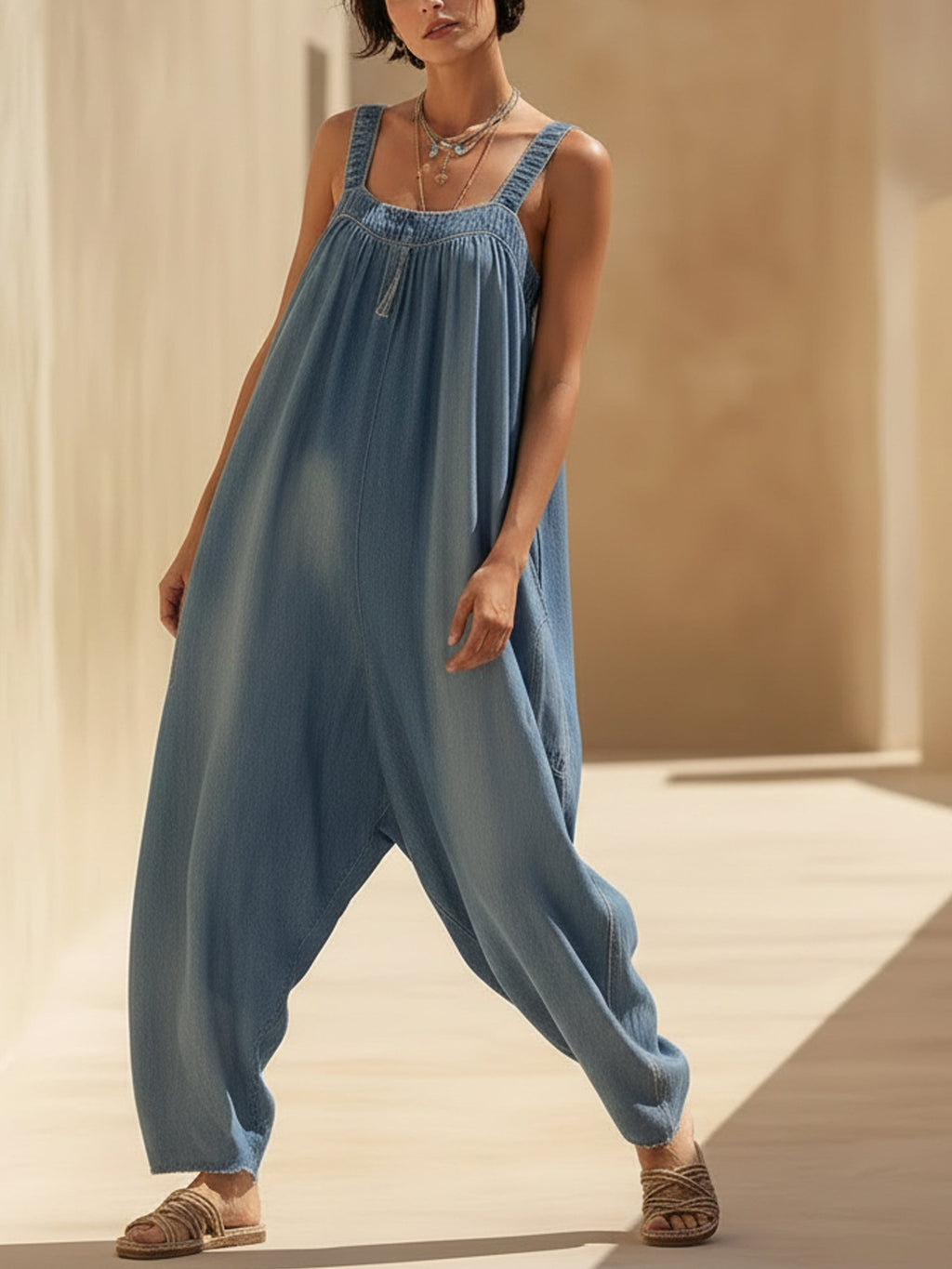 Oversized Lightweight Denim Jumpsuit - Sleeveless Wide-Leg Romper With Frayed Hem
