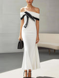Stylish White Off-the-Shoulder Satin Dress with Black Trim