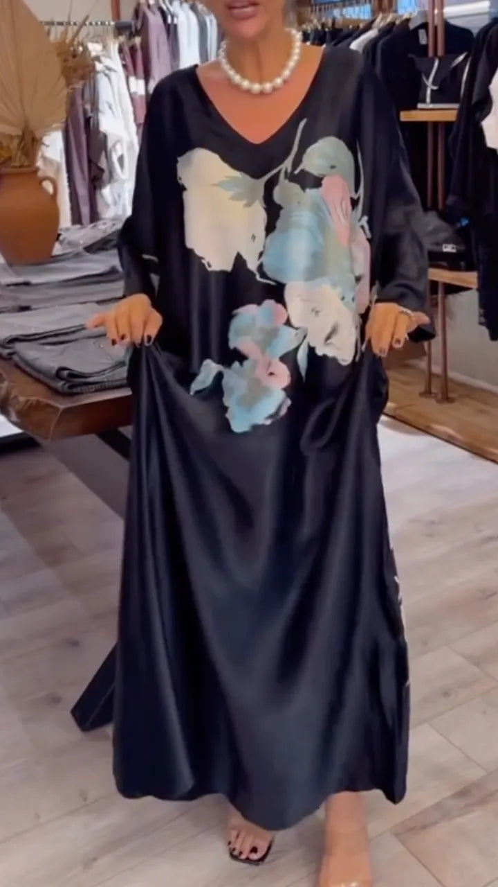 Satin Watercolor Floral Print Loose Maxi Dress
