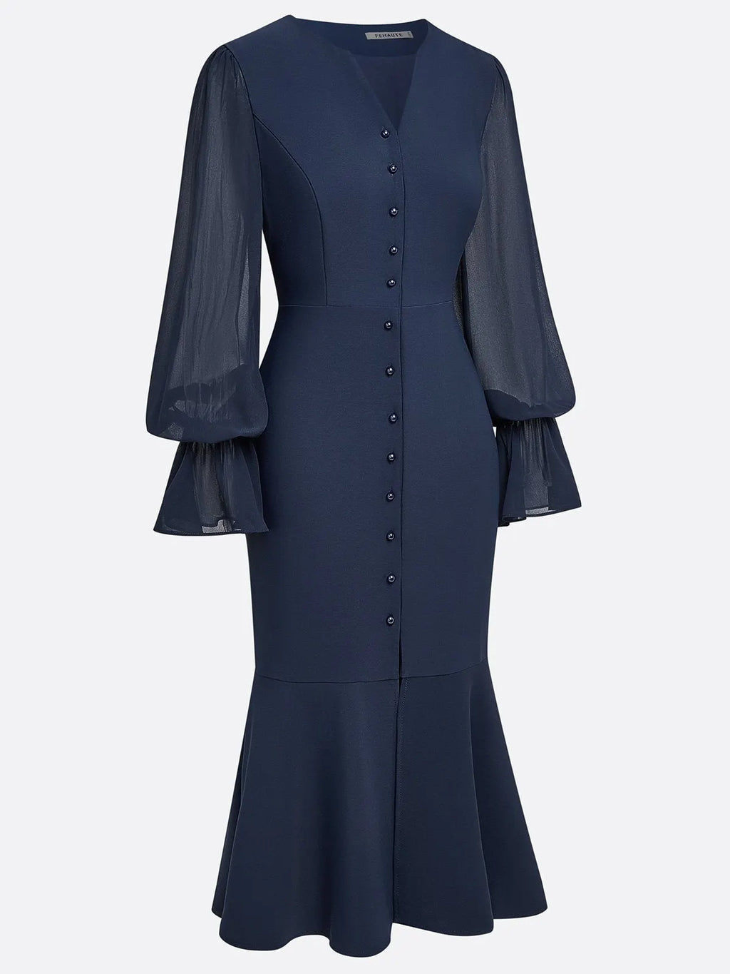 Purplish Blue Buckle Classic V Neck Long Sleeve Bell Sleeve Mermaid Midi Dress