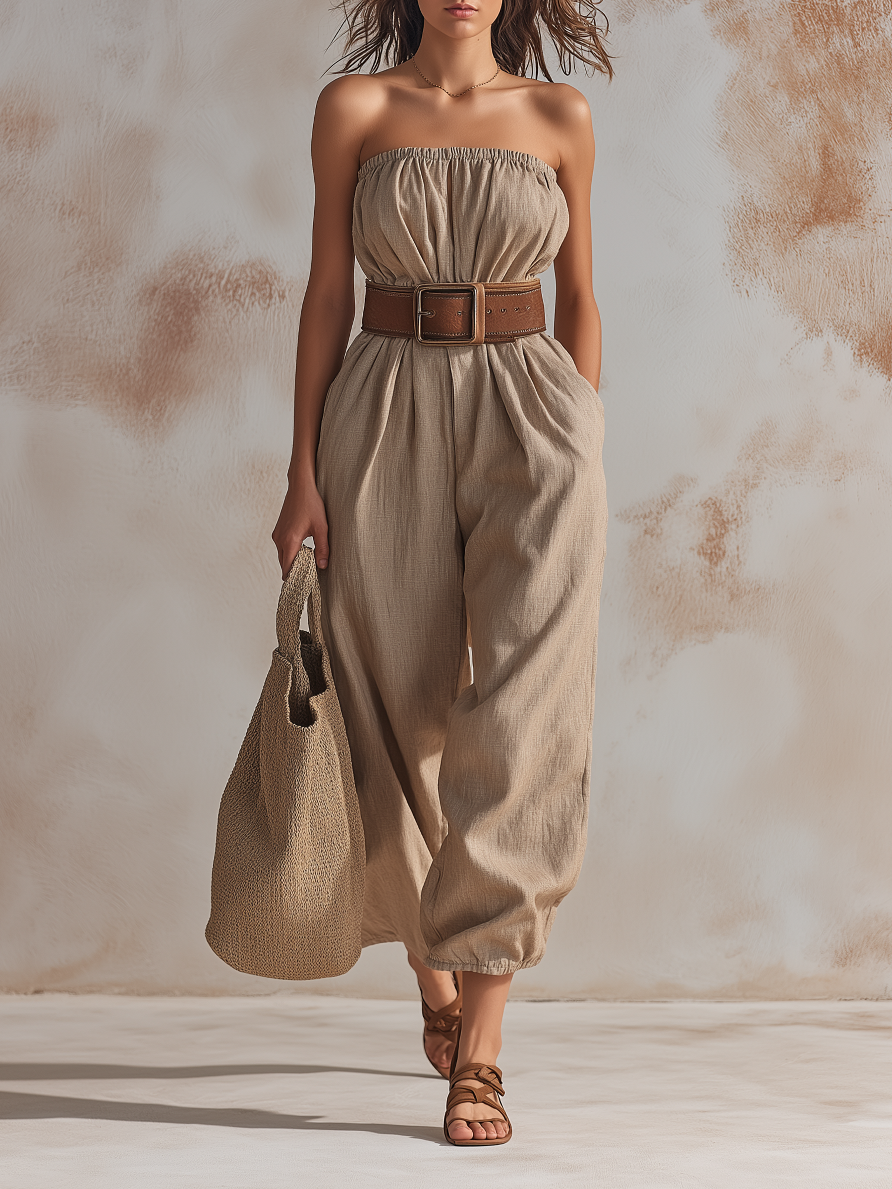 Strapless Linen Belted Wide-Leg Jumpsuit