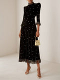 Black Beaded Ruffled Mock Neck Three Quarter Sleeve A-Line Maxi Velvet Dress