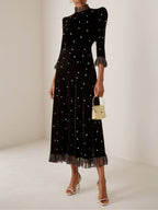 Black Beaded Ruffled Mock Neck Three Quarter Sleeve A-Line Maxi Velvet Dress