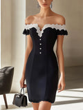 Sophisticated Black and Navy Off-Shoulder Dress with Lace Detail