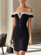 Sophisticated Black and Navy Off-Shoulder Dress with Lace Detail