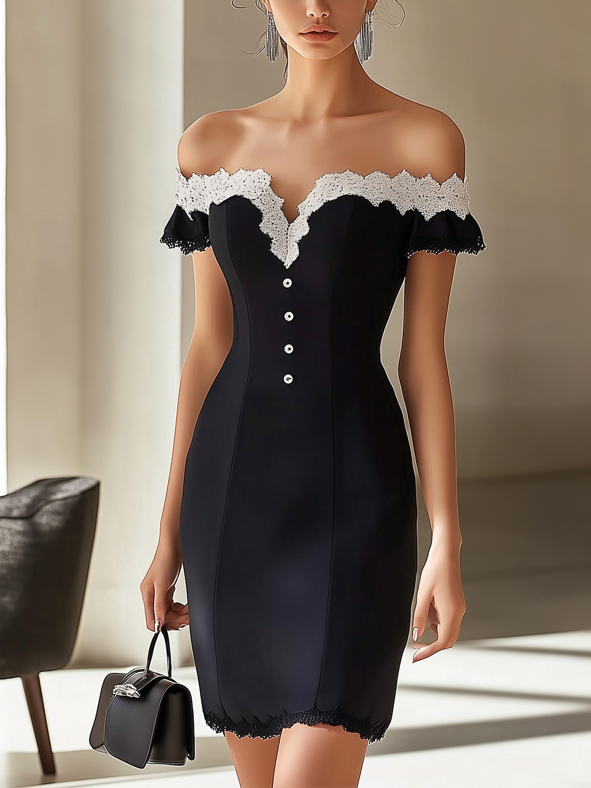 Sophisticated Black and Navy Off-Shoulder Dress with Lace Detail