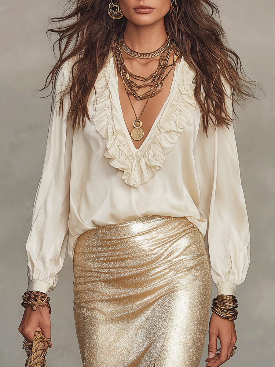 Chic Ruffle Blouse & Metallic Slit Maxi Skirt Set