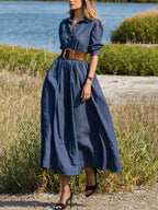 Midi Linen Dress, Half Sleeves, Shawl Collar, Plain, Button Design, Vintage, Dark_blue