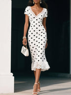 White Polka Dots Lace Classic V Neck Short Sleeve Sheath Midi Dress
