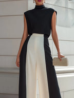 High-Neck Sleeveless Top & Contrast Wide-Leg Pants Set