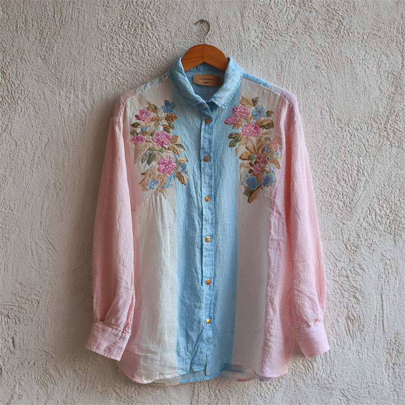 Vintage Floral Trans Flag Colorblock Linen Shirt