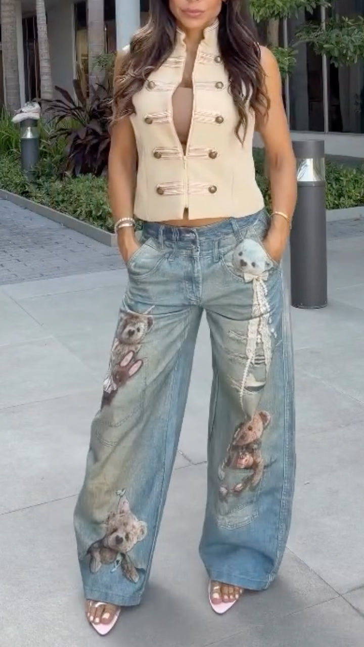 Stand Collar Sleeveless Waistcoat & Teddy Bear Print Wide Leg Jeans