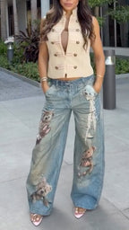 Stand Collar Sleeveless Waistcoat & Teddy Bear Print Wide Leg Jeans