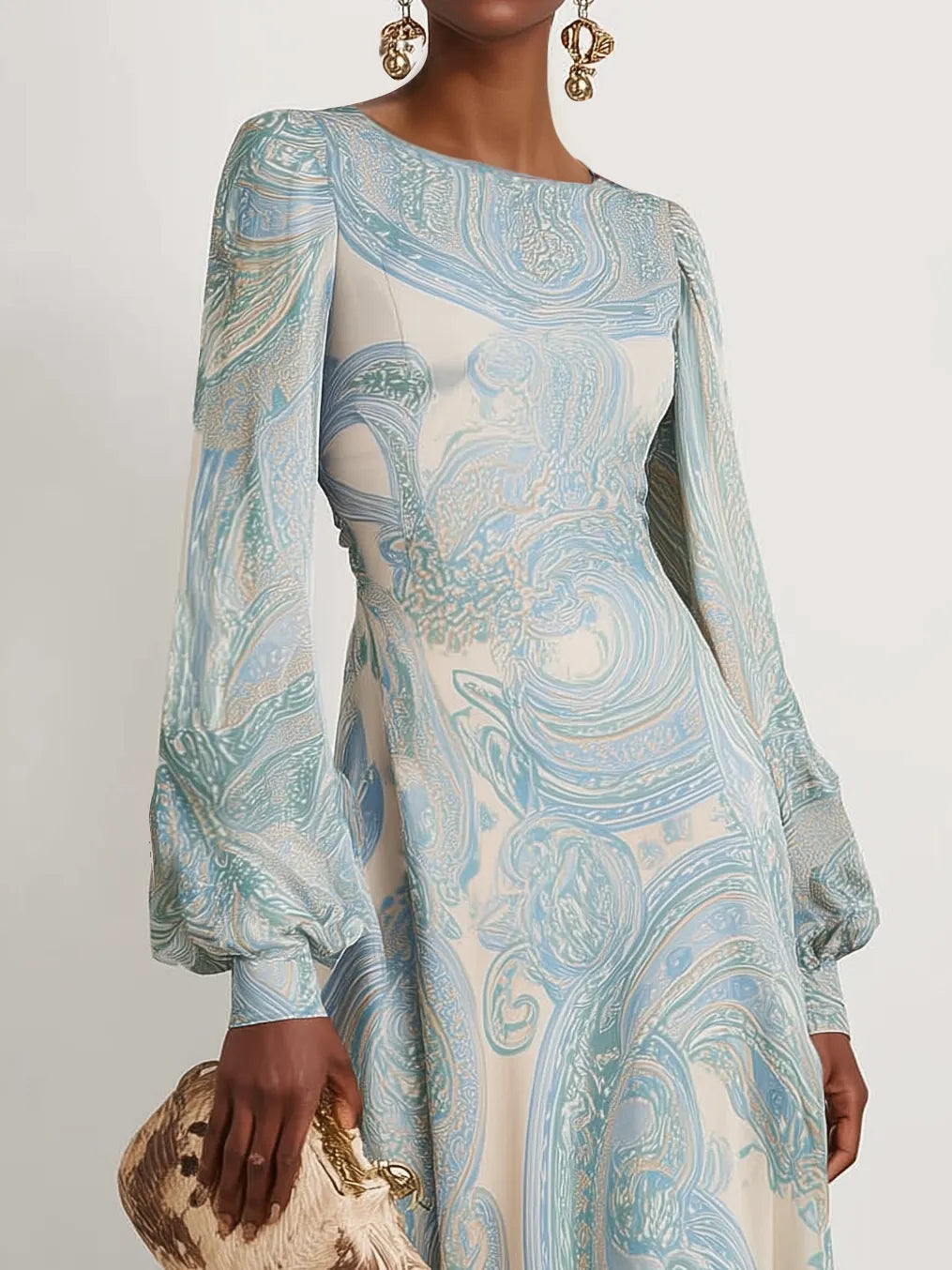 Light Blue Paisley Chiffon Crew Neck Long Sleeve Balloon Sleeve A-Line Maxi Dress With Pockets