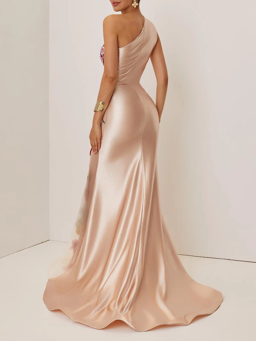 Champagne Satin Applique Embroidery Hotfix Embellished Prom One Shoulder Sleeveless Mermaid Dress