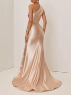 Champagne Satin Applique Embroidery Hotfix Embellished Prom One Shoulder Sleeveless Mermaid Dress
