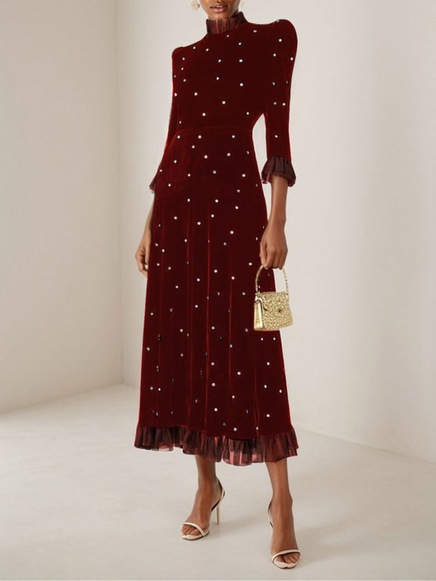 Black Beaded Ruffled Mock Neck Three Quarter Sleeve A-Line Maxi Velvet Dress