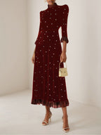 Black Beaded Ruffled Mock Neck Three Quarter Sleeve A-Line Maxi Velvet Dress