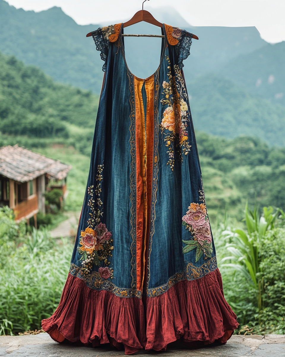 Summer ruffled denim cotton and linen patchwork contrast color dress f30f