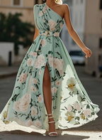 Lightgreen Ruched Slit Chiffon One Shoulder Sleeveless A-Line Floor-length Gown Dress